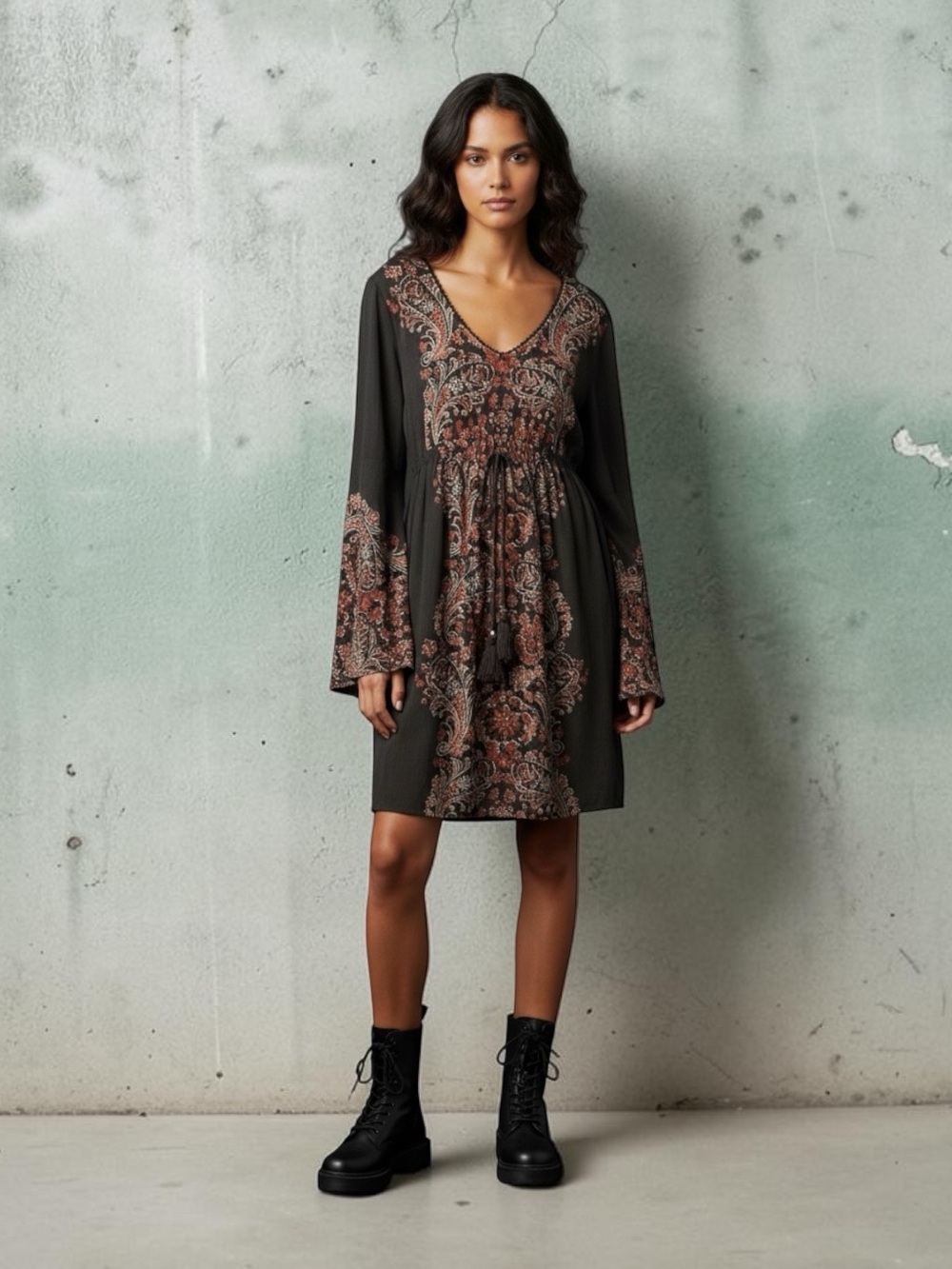Xhilaration Black Long-Sleeve V-Neck Dress with Rust Paisley Print